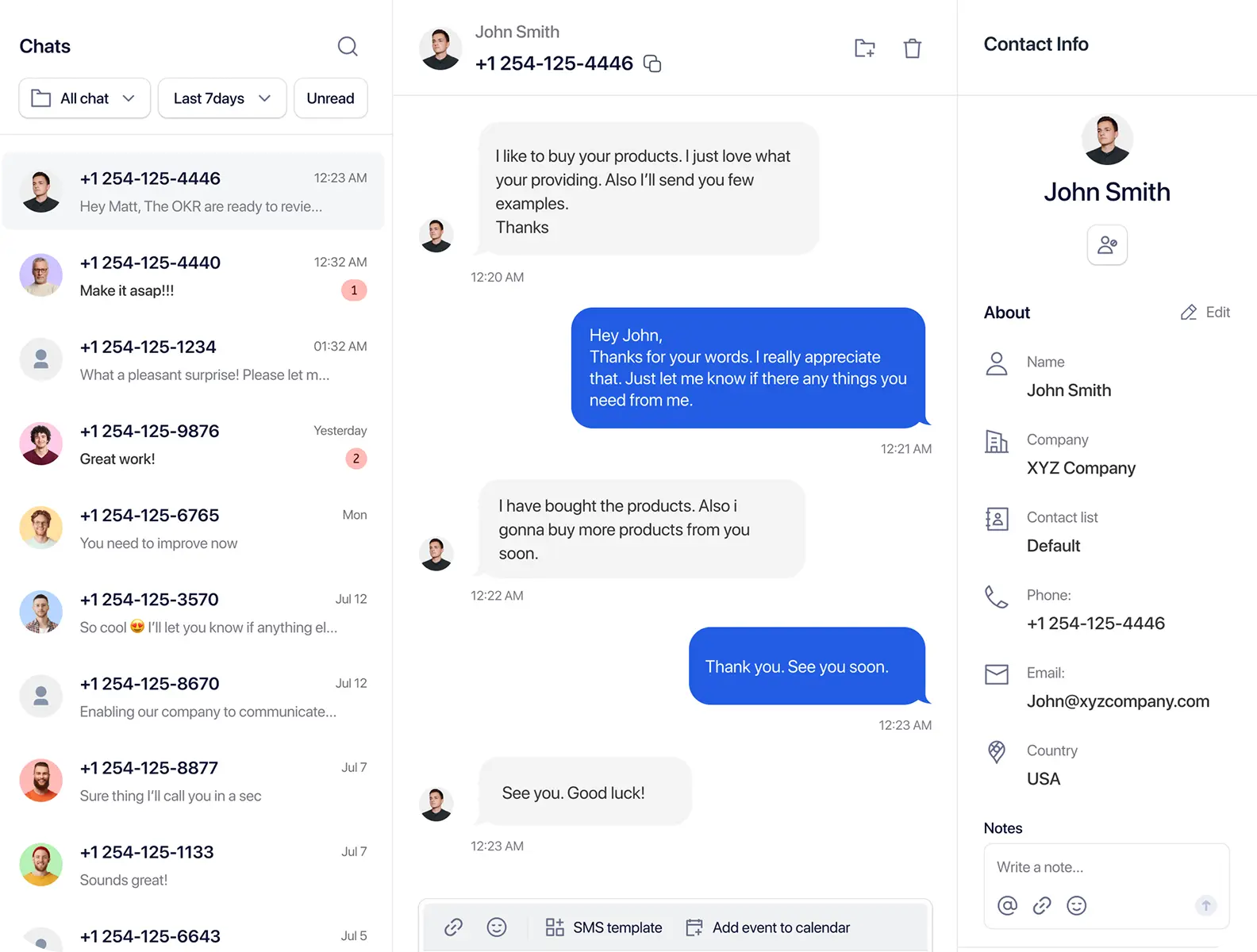 Accepted customer conversation in the TextTorrent shared SMS inbox