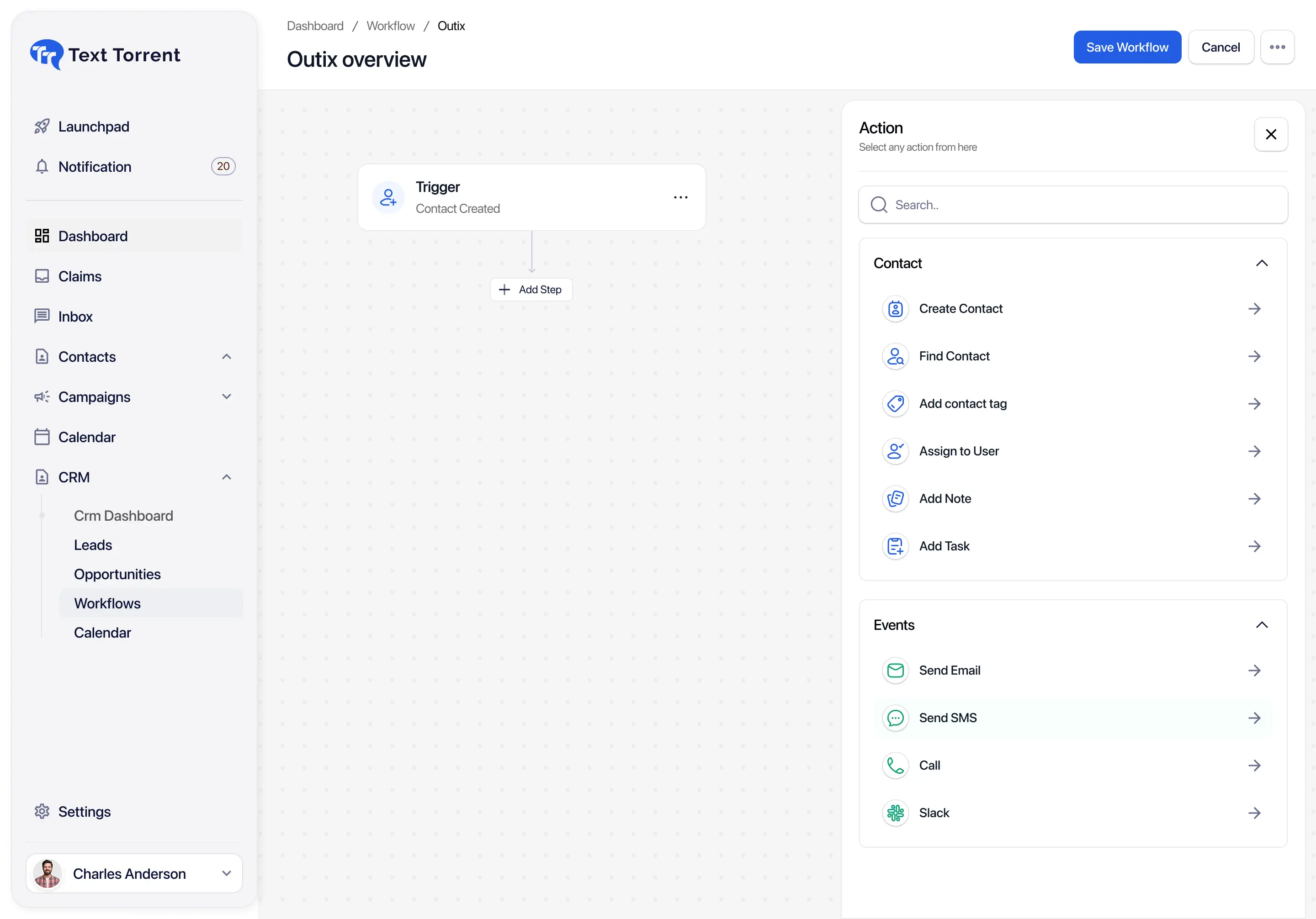 TextTorrent automation builder showing connected SMS workflow triggers and actions