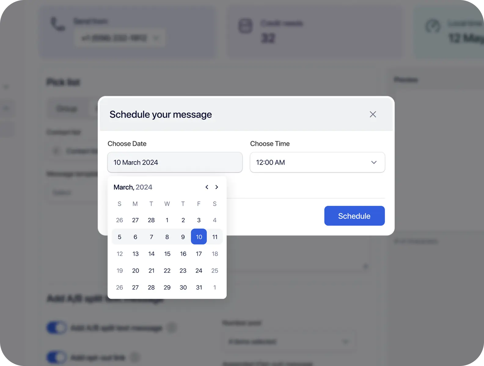 TextTorrent SMS campaign scheduler with audience, message, date, and time settings